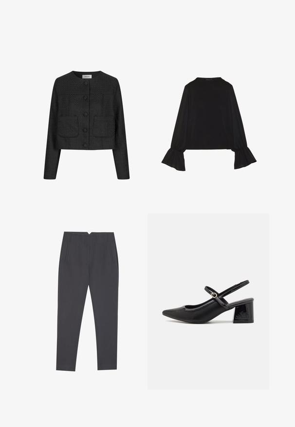 Giacca nera corta in tessuto texturizzato, con scollatura rotonda, chiusura anteriore con bottoni e due tasche applique sul davanti.; Maglietta nera a maniche lunghe con polsini svasati, texture morbida e vestibilità rilassata, con un semplice collo rotondo.; Pantaloni tapered grigio scuro con tasche laterali e pieghe frontali, progettati per una vestibilità su misura.; Décolleté in vernice nera con cinturino dietro, punta affusolata, design con ritagli arrotondati e tacco a blocco. Presenta un accento di fibbia tono oro.