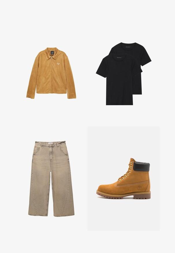 Veste en daim couleur camel avec une texture lisse, dotée d'un col classique, d'une fermeture éclair, de poches latérales et d'un détail brodé "Nyc".; Deux t-shirts en coton noirs à manches courtes, à encolure ronde et à texture lisse, présentés empilés l'un sur l'autre.; PULL&BEAR MEGA BAGGY - Jean baggy - light grey; Bottine en daim beige avec un col rembourré noir, œillets en métal doré, détails de surpiqûres blanches et semelle en caoutchouc robuste avec des crampons prononcés.