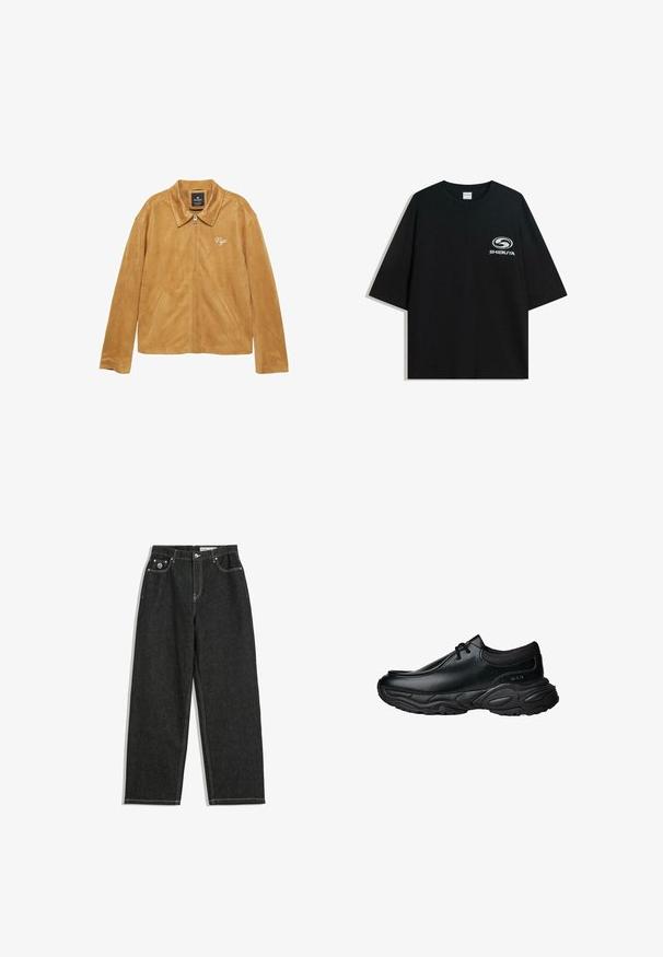 Suede bunda v camelovej farbe s hladkou textúrou, s klasickým golierom, zipsovým zapínaním, bočnými vreckami a vyšitým detailom "Nyc".; Čierne oversize bavlnené tričko s okrúhlym výstrihom a krátkymi rukávmi, s bielym logom "Shibuya" potlačeným na prednej strane.; Čierne rovné džínsy s bielym prešívaním, designom s piatimi vreckami, zapínaním na gombík a zips, a malým logom na pravom prednom vrecku.; Čierne kožené slip-on topánky s okrúhlou špičkou a hrubou štruktúrovanou gumovou podrážkou. Obsahujú jemné prešitie a elastické akcenty v oblasti goliera.