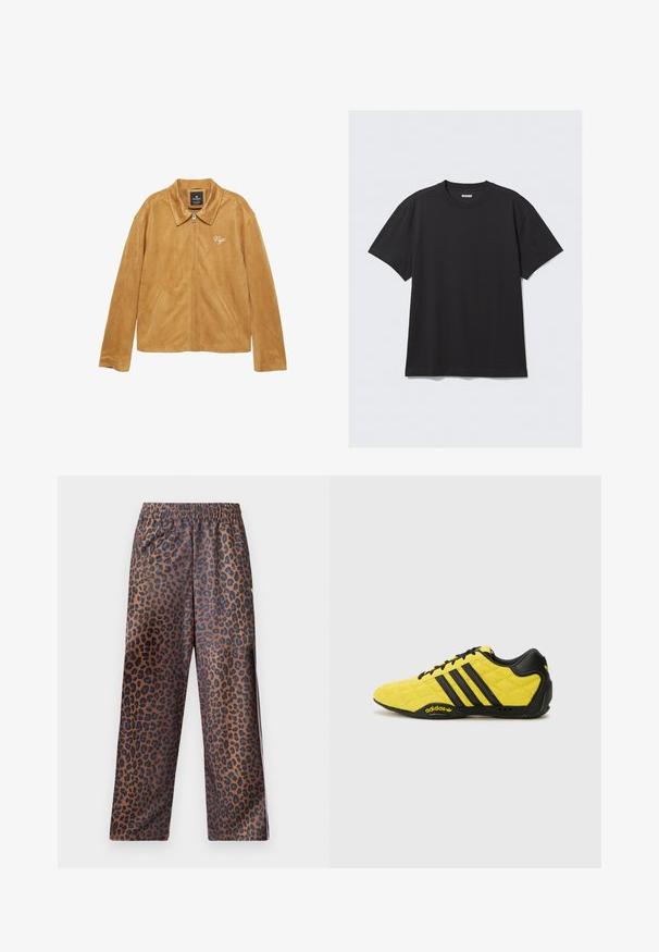 Jachetă din suede de culoare camel, cu o textură netedă, dotată cu un guler clasic, închidere cu fermoar, buzunare laterale și detaliu brodat "Nyc".; Tricou negru cu mânecă scurtă, din bumbac. Are un decolteu tip crew și o croială lejeră. Design simplu, fără modele sau accente vizibile.; Pantaloni cu imprimeu de leopard, cu talie elastică. Confecționați dintr-un material lucios, având o bază maro cu pete negre și un design lejer.; adidas Originals ADIRACER UNISEX - Sneakers low - yellow/core black/core black