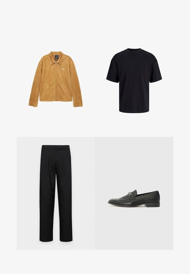 Giacca in suede color cammello con una texture liscia, dotata di colletto classico, chiusura con zip, tasche laterali e dettaglio ricamato "Nyc".; T-shirt in cotone nero con collo rotondo, maniche corte e vestibilità morbida. Texture liscia senza pattern o dettagli visibili.; Pantaloni neri realizzati in tessuto liscio, caratterizzati da un taglio dritto, due pieghe frontali e una vita standard con passanti per la cintura.; Mocassino in pelle nera con finitura liscia, caratterizzato da un design cucito e da un accento decorativo in catena metallica sul vamp. Tacco piatto.