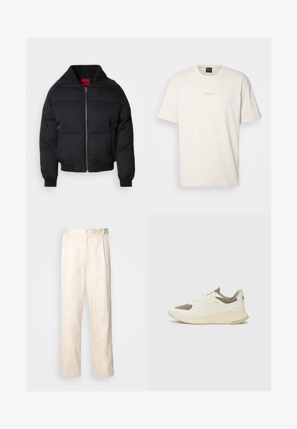 Melna pūkaina jaka ar augstu apkakli, rāvējslēdzēju priekšā, divām sānu kabatām un ribotām aprocēm. Gluda tekstūra ar izšuvumu visā virsmā.; BOSS TEE - Pamata T-krekls - open white; Bežā krāsā auduma bikses ar taisnu kāju griezumu, pievienotām pogu aizdares un priekšējiem krokām papildu detaļām.; Baltas un gaiši bež sporta apavi, ar sieta augšdaļu, perforētiem detaļām un teksturētu vidusdaļu ar zīmolu uz papēža.