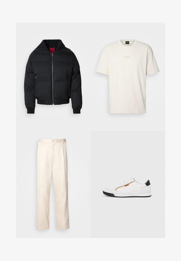 Chaqueta impermeable negra con cuello alto, cierre frontal con cremallera, dos bolsillos laterales y puños de canalé. Textura suave con un patrón acolchado en todo su diseño.; BOSS TEE - Camiseta básica - open white; Pantalones de algodón beige con corte recto, que cuentan con un cierre de botón y pliegues en la parte frontal para un detalle adicional.; Zapatillas deportivas blancas con acentos de malla y cuero. Presentan un logotipo dorado de "BOSS", paneles laterales texturizados y una tapa de talón negra. Suela de goma.