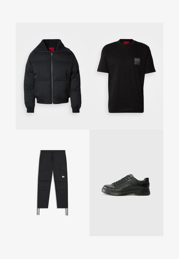 Zwarte pufferjack met een hoge kraag, ritssluiting aan de voorkant, twee zijzakken en geribbelde manchetten. Glad textuur met een doorgestikt patroon over de hele jas.; Zwart katoenen T-shirt met een ronde hals, met een gestructureerde zwarte patch met logo op de linkerborst. Korte mouwen en een ontspannen pasvorm.; Zwarte cargobroek met een trekkoord in de taille, meerdere zakken, elastische manchetten en een subtiele logo patch. Gemaakt van lichte stof.; Zwarte leren sneaker met een gestructureerde bovenkant, gevoerde kraag en rode logo-details. Heeft een dikke rubberen zool met een opvallend loopvlakpatroon.
