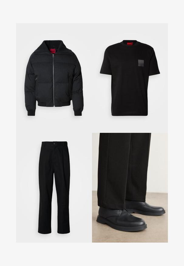 Black puffer jacket featuring a high collar, zip front, two side pockets, and ribbed cuffs. Smooth texture with quilted pattern throughout.; Black cotton T-shirt with a crew neck, featuring a textured black patch with logo on the left chest. Short sleeves and relaxed fit.; Black straight-leg trousers with a buttoned waistband, belt loops, and front crease, displayed against a plain white background.; Black leather shoes with a rounded toe, flat sole, and minimal detailing. Paired with tailored black pants, showing smooth texture.