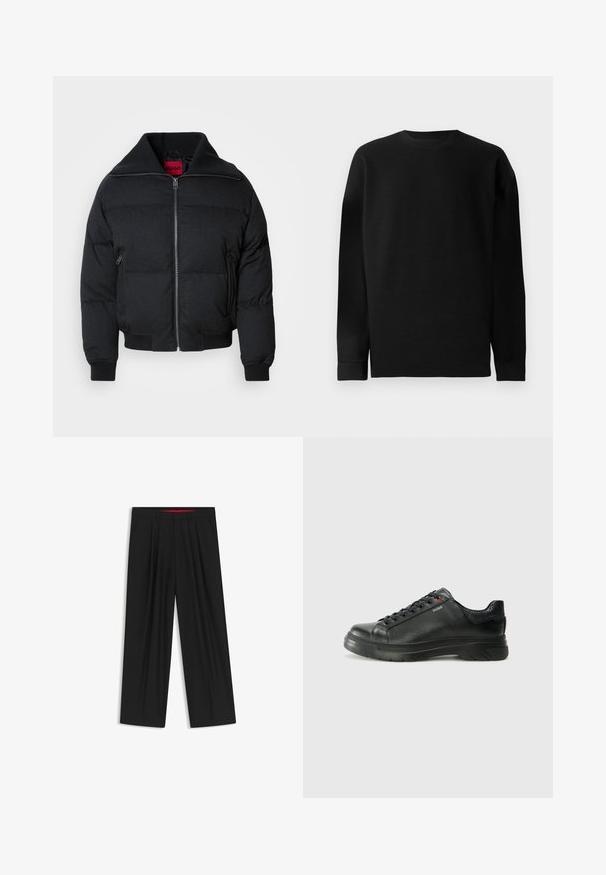 Black puffer jacket featuring a high collar, zip front, two side pockets, and ribbed cuffs. Smooth texture with quilted pattern throughout.; Black long-sleeve sweater made of ribbed material. Features a crew neckline and straight-cut hem with fitted cuffs. Simple and solid color design.; Black wide-leg trousers with a flat front, two side pockets, pleated design, and a contrasting red interior waistband.; Black leather sneaker with textured upper, padded collar, and red logo detail. Features a thick rubber sole with distinct tread pattern.