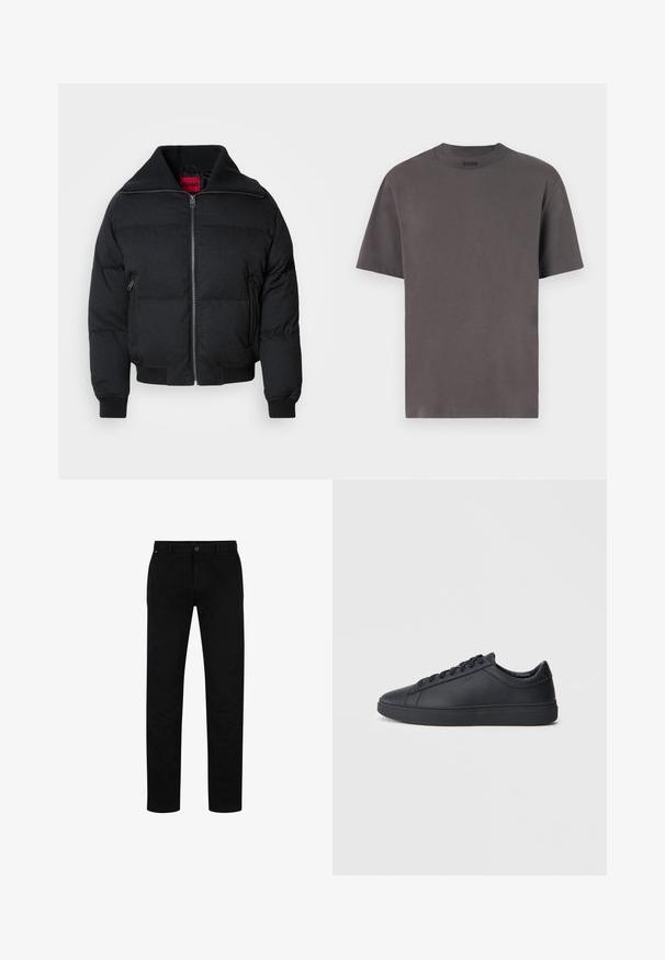 Μαύρο μπουφάν πούφφας με ψηλό γιακά, μπροστινό φερμουάρ, δύο πλάγιες τσέπες και ριμπ μανσέτες. Λείος υφασμάτινος τύπος με καπιτονέ σχέδιο σε όλη την επιφάνεια.; Σκούρο γκρι κοντομάνικο T-shirt από μαλακό βαμβάκι, με στρογγυλή λαιμόκοψη και μινιμαλιστικό σχέδιο χωρίς ορατά μοτίβα ή αξεσουάρ.; Μαύρο βαμβακερό παντελόνι με ίσια γραμμή, που διαθέτει κλείσιμο με κουμπί, θηλιές για ζώνη και μινιμαλιστικό σχέδιο. Απαλή υφή, χωρίς σχέδια.; Μαύρα αθλητικά παπούτσια από λεία δερμάτινη υφή, με χαμηλό σχεδιασμό, στρογγυλή μύτη και επίπεδη καουτσούκ σόλα. Διαθέτουν κορδόνια και ήπια σήμανση.