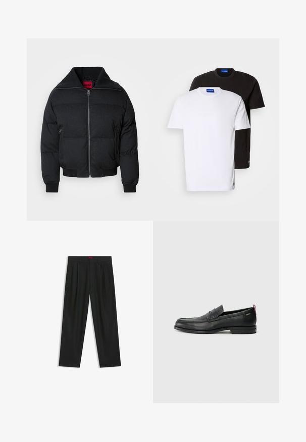Black puffer jacket featuring a high collar, zip front, two side pockets, and ribbed cuffs. Smooth texture with quilted pattern throughout.; Two T-shirts stacked: one white and one black. Short sleeves, round necklines, cotton fabric. Features a small blue logo at the neckline.; Black trousers with a pleated design, wide leg shape, and a smooth texture. Features a red waistband tag.; Black leather loafers with a textured front panel and smooth sides. Features a slim heel and rear loop for easy wear. Classic design.