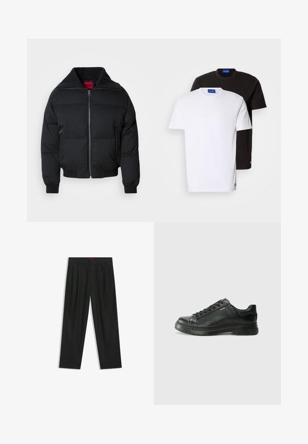 Schwarze Steppjacke mit hohem Kragen, Reißverschluss vorne, zwei Seitentaschen und gerippten Bündchen. Glatte Textur mit gestepptem Muster.; Zwei übereinander gestapelte T-Shirts: eines weiß und eines schwarz. Kurze Ärmel, runde Ausschnitte, aus Baumwollstoff. Mit einem kleinen blauen Logo am Ausschnitt.; Schwarze Hose mit einem gefältelten Design, weiter Beinform und glatter Textur. Verfügt über ein rotes Taillenlabel.; Schwarze Leder-Sneaker mit strukturiertem Obermaterial, gepolstertem Kragen und rotem Logo-Detail. Verfügt über eine dicke Gummisohle mit markantem Profil.