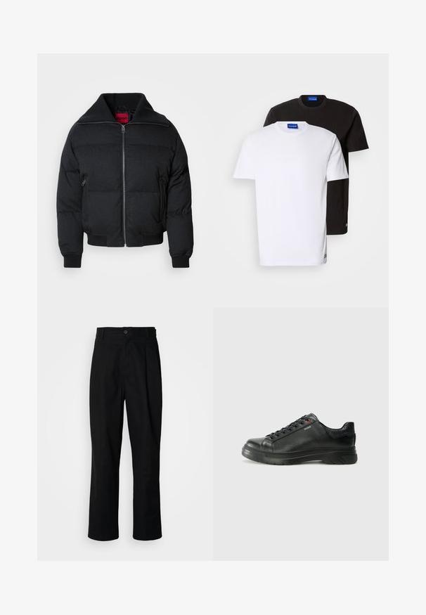 Black puffer jacket featuring a high collar, zip front, two side pockets, and ribbed cuffs. Smooth texture with quilted pattern throughout.; Two T-shirts stacked: one white and one black. Short sleeves, round necklines, cotton fabric. Features a small blue logo at the neckline.; Black straight-leg trousers with a buttoned waistband, belt loops, and front crease, displayed against a plain white background.; Black leather sneaker with textured upper, padded collar, and red logo detail. Features a thick rubber sole with distinct tread pattern.