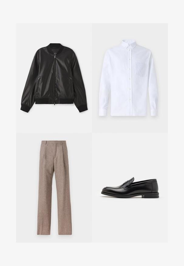 Črna bomberska jakna iz gladkega umetnega usnja, z zadrgo spredaj, rebrastimi manšetami in robom ter dvema stranskima žepoma na zadrgo.; Bela dolgo rukava srajca s kragnico, izdelana iz bombaža, z žepom na prsih in toniranimi vezeninami ter gumbi na manšetah.; Rjave hlače z visokim pasom, izdelane iz teksturirane tkanine. Imajo široke noge in dve sprednji pregibi za strukturo. Urejen zaključek brez vidne strojne opreme.; Črne usnjene loafer čevlje z gladko teksturo, zaobljenim nosom in dekorativnim trakom čez zgornji del. Nizka zložena peta, minimalističen dizajn.