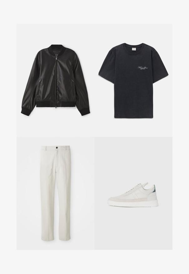 Juodas bomber tipo švarkas, pagamintas iš lygaus dirbtinio odos, su užtrauktuku priekyje, su raukiniais rankogaliuose ir apykaklėje, bei dviem užtrauktukais šoninėse kišenėse.; Juodas trumpomis rankovėmis, apvaliu kaklu marškinėliai su mažu baltu "Filling Pieces" tekstiniu logotipu kairiajame krūtinės kampe.; Bežiniai tiesūs keliai su diržo kilpomis, priekiniais mygtukais ir užtrauktuku, išdėstyti ant balto fono.; Balti odiniai sportbačiai su pilkais zomšos akcentais, su raišteliais, su traukimo juostele ir tekstūruota guma, kurioje matomas zigzago raštas.