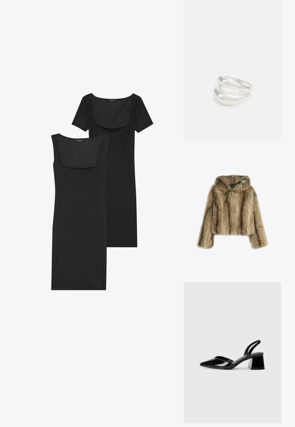 Brown faux fur cropped jacket with a hood, featuring a soft texture, wide sleeves, and subtle vertical striping patterns.; Black bodycon dress with a square neckline, short sleeves, and ribbed texture. Two variations: light black and deeper black shades shown.; Black patent leather slingback heels with a pointed toe and a geometric block heel. Features a sleek, minimal design and smooth texture.; Black leather hobo bag with a smooth texture, curved shape, and single adjustable strap; features a wide opening at the top.; Silver double-band ring with a smooth, polished surface. Features a fluid, curved design with overlapping sections for a modern look.