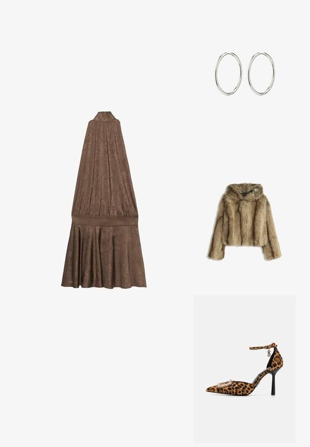 Hnědá umělá kožešinová zkrácená bunda s kapucí, která má měkkou texturu, široké rukávy a jemné vertikální pruhy.; Hnědé šaty bez rukávů s vysokým límečkem. Mají texturovanou látku, nařasený korzet a rozšířenou, plissé sukni.; Lodička s leopardím potiskem, vysokým podpatkem a špičatou špičkou, z sametového materiálu, s kotníkovým páskem a sponou zdobenou krystaly. Černý stiletto podpatek.; Stříbrné náušnice ve tvaru kruhu s hladkým, lesklým povrchem. Kulatý tvar, lehký design, se zabezpečovacím mechanismem.