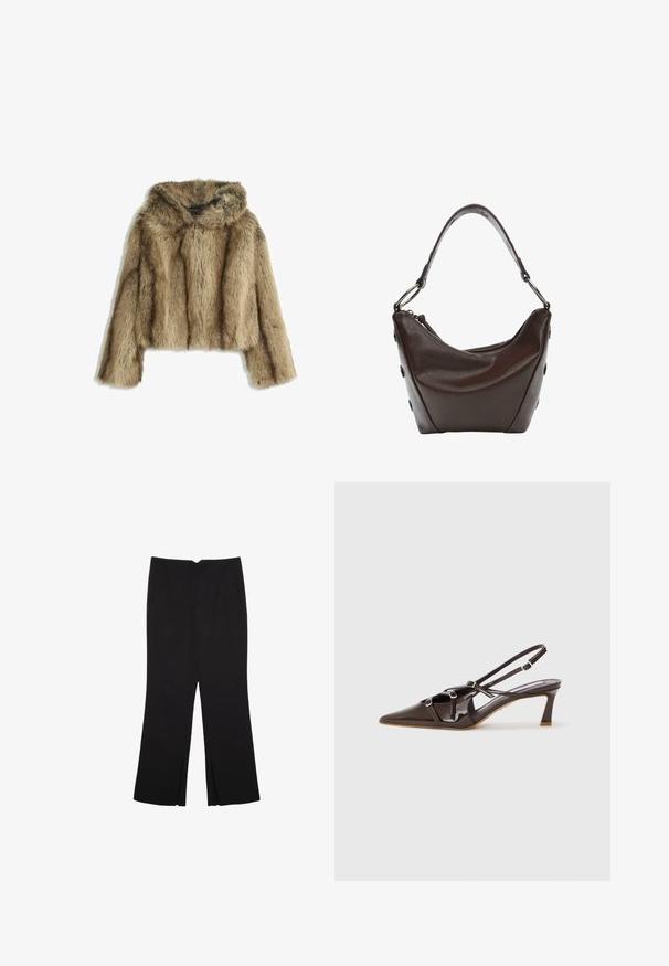 Smešani smeđi kaput od umjetnog krzna s kapuljačom, koji ima mekanu teksturu, široke rukave i suptilne uzorke vertikalnih pruga.; Crna pletena dugoslojna majica sa podloženim ramenima i rebrastim manžetama i rubom, prikazana na bijeloj pozadini.; Crne hlače ravnog kroja, s prednjim džepovima i bočnim prorezima na rubu. Izrađene od mekog i glatkog materijala. Pogodne za razne prigode.; Smeđe patent kožne slingback cipele s uskim vrhom, podesivim trakama i dekorativnim kopčama sprijeda. Visina potpetice od 3 inča.; Tamno smeđa kožna torba sa zakrivljenim oblikom, zatvaranjem na zip i kratkom drškom. Ima metalne detalje i dekorativne crne dugmadi sa strane.