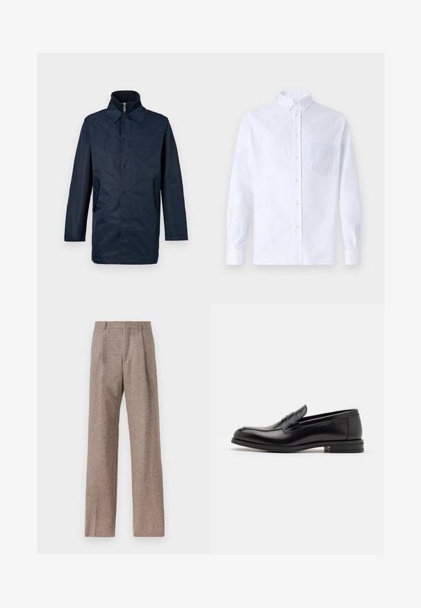 Laivansininen, vedenpitävä takki, jossa on kaulus, etupainon sulkeminen ja kaksi sivutaskua. Sileä pinta, pitkät hihat ja muotoiltu istuvuus.; Valkoinen pitkähihaista napillista paitaa, joka on valmistettu puuvillasta. Paita sisältää rinnan kohdalla taskun, jossa on samaa sävyä oleva brodeeraus, kauluksen sekä napilliset hihansuut.; Ruskejat, korkeavyötäröiset housut, jotka on valmistettu teksturoidusta kankaasta. Ominaisuuksina ovat leveät lahkeet ja kaksi etupuolelle ommeltua laskosta rakenteen tukemiseksi. Siisti viimeistely ilman näkyvää metalliosaa.; Mustat nahkakengät, joissa on sileä pinta, pyöreä kärki ja koristeellinen nauha jalkapöydän yli. Matala pinoitu koroke, minimalistinen muotoilu.