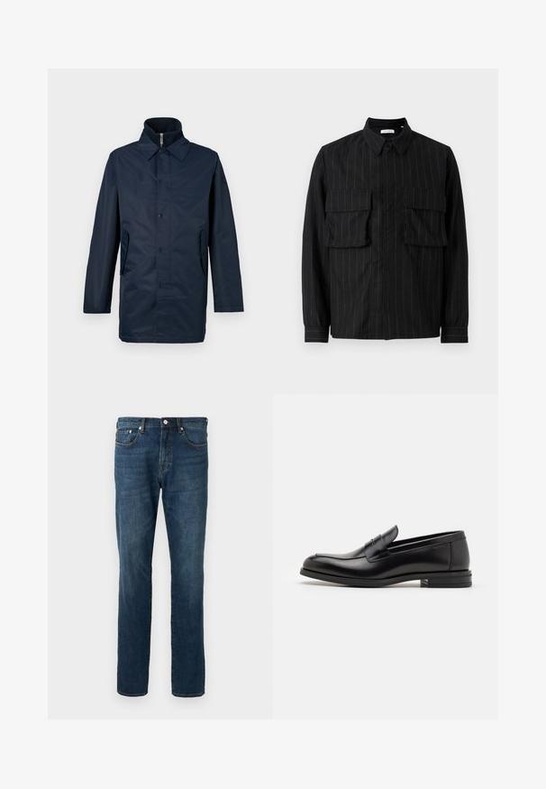 Navy blue, waterproof coat with a collar, front button closure, and two side pockets. Smooth texture, long sleeves, and tailored fit.; Black long-sleeve shirt featuring vertical pinstripes, two chest pockets, a collared neckline, and button closure. Soft, textured fabric.; Dark blue denim jeans, straight-leg design, five pockets, button-fly closure, with subtle fading and stitching details. Smooth texture.; Black leather loafers with a smooth texture, rounded toe, and a decorative strap across the vamp. Low stacked heel, minimalist design.