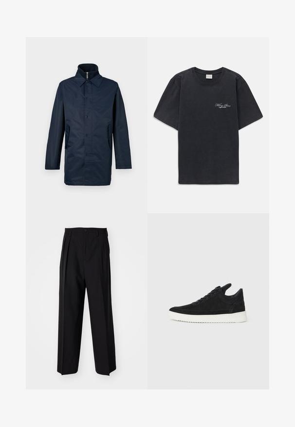 Tumed sinine veekindel jakk, millel on krae, ees nööbid ja kaks küljetaskut. Sile tekstuur, pikad varrukad ja kohandatud lõige.; Must have lühikesed varrukad ümmarguse kaelusega must T-särk, millel vasakul rinnal on väike valge "Filling Pieces" teksti logo.; Mustad volditud püksid sirge ja laia säärega disainiga. Valmistatud siledast kangast, millel on nuppudega sulgemine ja vööaasad.; Must mustel kingad valge kummist tallaga, millel on toon-toonis õmblused ja paeltega disain. Sile tekstuur ja moodne, voolujooneline kuju.