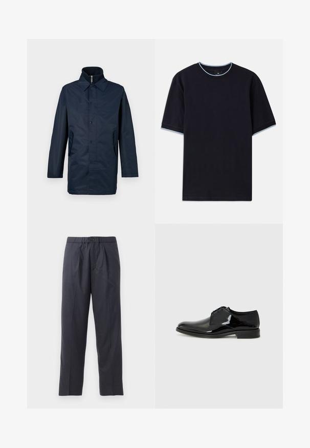 Tamno plava, vodootporna jakna s ovratnikom, prednjim kopčanjem na gumbi i dva bočna džepa. Glatka tekstura, dugi rukavi i kroj koji ističe figuru.; Tamno plava kratka majica s kapućinom, s okruglim izrezom, s svijetloplavim detaljima na ovratniku i rukavima. Izrađena od mekog pamučnog materijala.; Tamno plave hlače od mekanog materijala s plićim prednjim dijelom i elastičnim pojasom. Imaju zatvaranje na gumb i ravno krojenje.; Crne cipele s visokim potpeticama, s visokim sjajnim lakiranim završetkom, zaobljenim vrhom i vanjskim šavovima. Imaju nisku potpeticu i vezivanje.