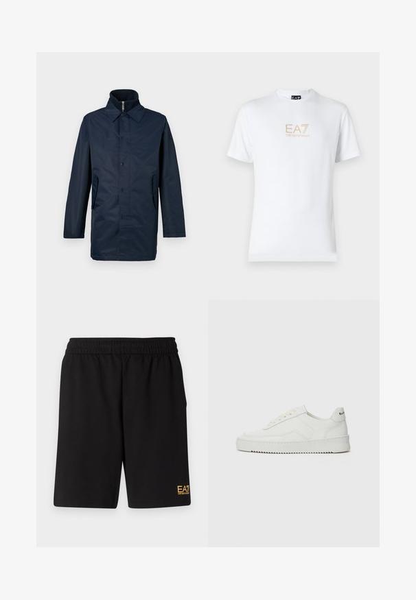 Mornarsko modra, vodoodporna jakna s ovratnikom, sprednjim gumbom in dvema stranskima žepoma. Gladka tekstura, dolgi rokavi in prilagojen kroj.; Bela bombažna majica s krožnim izrezom in kratkimi rokavi, s pozlačenim logotipom EA7 Emporio Armani natisnjenim spredaj.; Črne športne kratke hlače iz mehkega blaga, z elastičnim pasom in majhnim rumenim logotipom EA7 na spodnjem levem delu noge.; Bela usnjena športna obutev z gladko površino, okroglo prst, ravne vezalke in teksturiran podplat. Ima diskretno logo na peti.