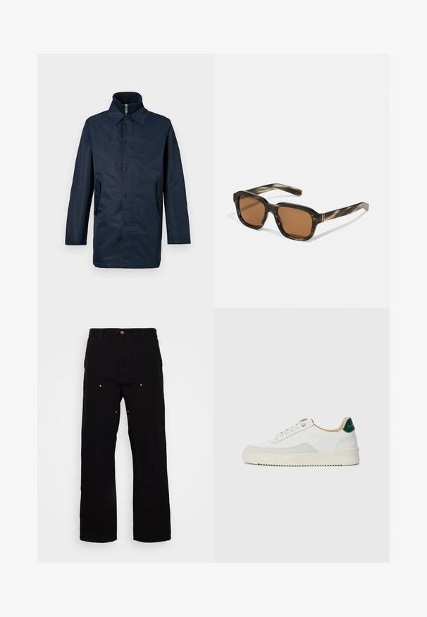 Jūrinės mėlynos, vandeniui atsparios striukės su apykakle, priekyje mygtukų užsegimas ir dviem šoninėmis kišenėmis. Lygus audinys, ilgomis rankovėmis ir pritaikytas modelis.; Balta ilgomis rankovėmis medvilninė marškinė su apykakle. Savybės: mažas mėlynas logotipas krūtinėje ir prigludusios rankogaliai. Lygi tekstūra.; Juodi džinsai su tiesiomis kojomis, dekoruoti auksiniais elementais ir matomomis siūlėmis priekyje ir gale.; Baltos sportbačiai su zomšos akcentais, apvaliu nosiu, plokščiais raišteliais ir kreminės spalvos guminiu padu. Ant kulno yra žalia ženklinimo detalė.; Plastikiniai saulės akiniai su šelkės raštu, aštuonkampiais rudais lęšiais ir plonais auksiniais akcentais ant rėmo.