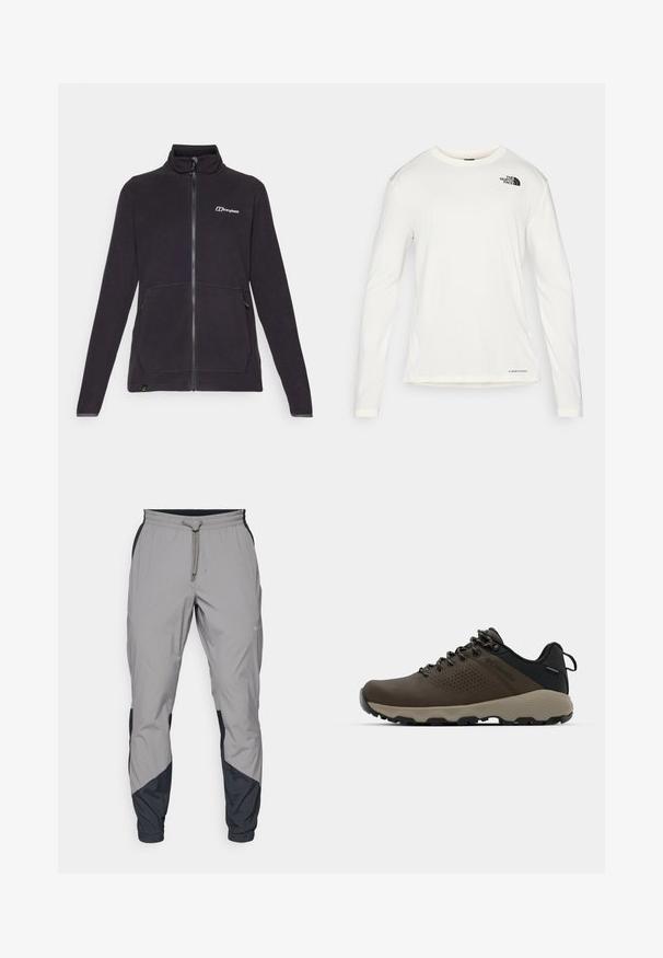 Fekete bolyhos dzseki magas gallérral, teljes cipzárral elöl, két oldalsó zsebbel és diszkrét logóval a mellkason. Texturált anyag és hosszú ujjak.; Fehér, hosszú ujjú póló kerek nyakkal, textúrált anyagból, fekete logóval a bal vállon, és diszkrét márkajelzéssel az alján.; Könnyű, szürke sportnadrág fekete részletekkel. Rugalmas derékpánt, zsinóros zárás, szabott lábszár kialakítás és oldalsó zsebek.; Barna vízálló sportcipők texturált felsőrésszel, perforált díszítésekkel, fekete saroktámasszal és szürke gumi talppal. A cipőfűzők fém végződésekkel vannak ellátva.