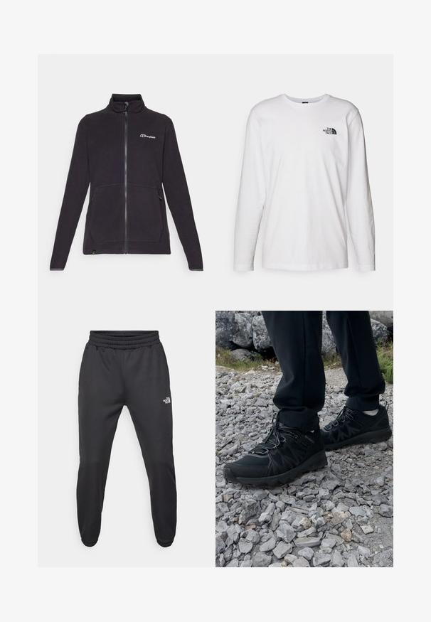 Giacca in pile nera con colletto alto, chiusura a zip completa, due tasche laterali e logo discreto sul petto. Tessuto texturizzato e maniche lunghe.; T-shirt bianco a maniche lunghe in cotone con colletto rotondo. Presenta un piccolo logo nero sul petto. Texture liscia, vestibilità regolare.; Pantaloni sportivi neri con vita regolabile tramitecordino, vestibilità affusolata, polsini elasticizzati e un piccolo logo bianco sulla coscia sinistra, realizzati in tessuto morbido.; Scarpe da esterni nere realizzate in mesh e materiale sintetico, con una parte superiore testurizzata, un sistema di allacciatura sicuro e una suola robusta, su terreno roccioso.