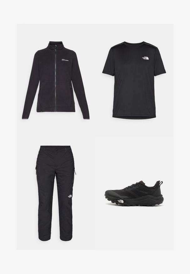 Svart fleecejacka med hög krage, hel dragkedja framtill, två sidofickor och subtil logotyp på bröstet. Texturerad tyg och långa ärmar.; Svart kortärmad T-shirt i lättviktig tyg. Har en liten vit logotyp på vänster bröst och subtila axeltoner.; The North Face WINTER EXPLORATION TAPERED CARGO - Friluftsbyxor - black; Svart terränglöparsko med en strukturerad ovandel, gummisula och förstärkt tåhätta. Har en vadderad krage och en dragflik för enkel påtagning.