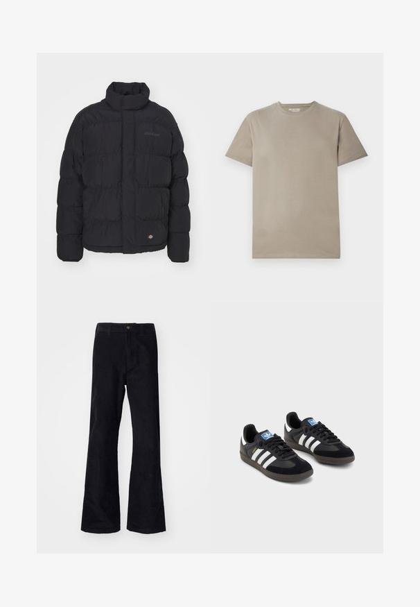 Juodas pūkinis švarkas su aukštu apykakle, siuvinėta tekstūra ir priekinis užtrauktukas. Yra logotipas ant krūtinės ir mažas ženklelis ant apvado.; Šviesiai bežinis medvilninis marškinėliai trumpomis rankovėmis, su apvaliu kaklu, paprastu dizainu ir lygiu paviršiumi be matomų raštų ar akcentų.; Juodos, medvilninės platėjančios kelnės su tradicine juosmeniu, vienu priekyje esantį mygtuką ir kišenėmis šonuose ir gale. Lygus paviršius.; Juodi sportiniai bateliai su zomšos ir sintetine viršutine dalimi, turintys tris baltas juosteles, tekstūruotą gumos pado paviršių ir mėlyną logotipo etiketę ant liežuvėlio.