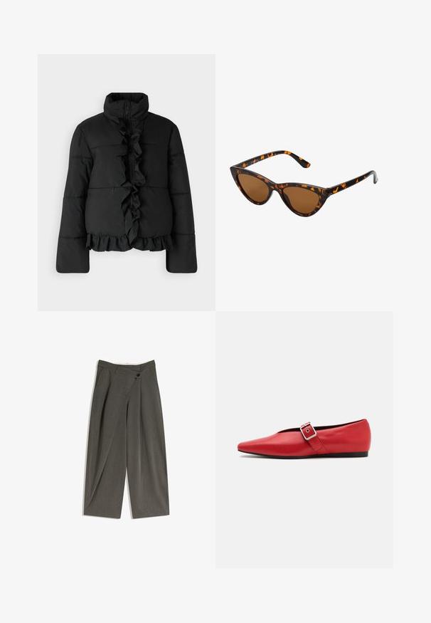 YAS YASMALINO JACKET - Winter jacket - black; Gray, cropped sweater made from textured fabric. Features a high neckline and two front pockets with a relaxed fit. Long sleeves.; Wide-legged trousers in a dark grey fabric. Features a flat front, side pockets, and a single button closure. Smooth texture, tailored fit.; Red leather flat shoe with a pointed toe, featuring a side strap with a metal buckle and a low black heel. Smooth texture throughout.; Cat-eye sunglasses with a black and orange tortoiseshell frame, brown lenses, and sleek, pointed tips. Features a minimal logo on the temple.