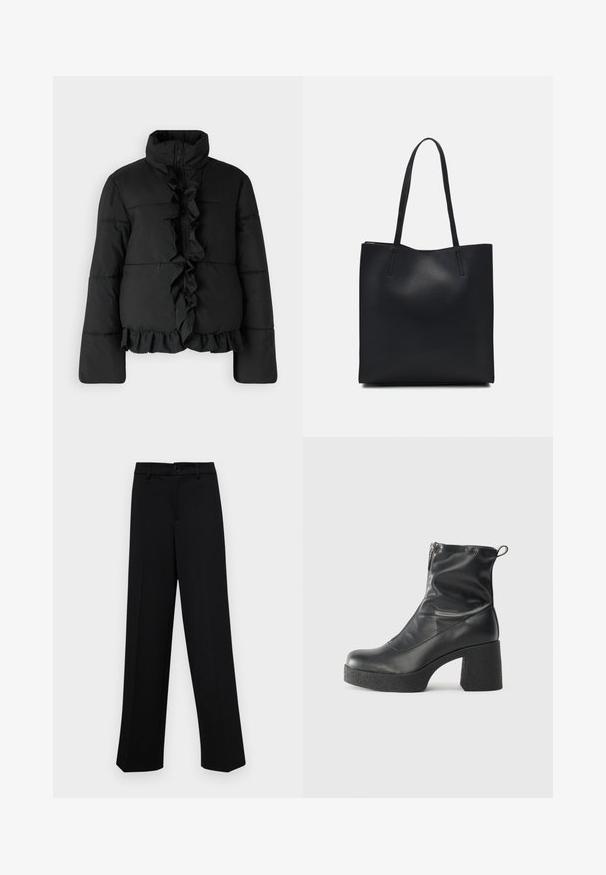 YAS YASMALINO JACKET - Winterjacke - black; Schwarzer, gerippter, langärmliger, taillierter Pullover mit Rundhalskragen, vor einem schlichten, hellen Hintergrund präsentiert.; Schwarze, weit geschnittene Hosen aus glattem Stoff, mit einem klassischen Taillenbund und einem Knopfverschluss sowie vorderen Falten.; Schwarze Stiefeletten aus glattem Leder mit seitlichem Reißverschluss, klobigem strukturiertem Absatz und runder Zehenform.; Schwarze Laptoptasche aus Leder mit glatter Textur, rechteckiger Form und zwei langen Griffen. Keine sichtbaren Beschläge oder Verzierungen.