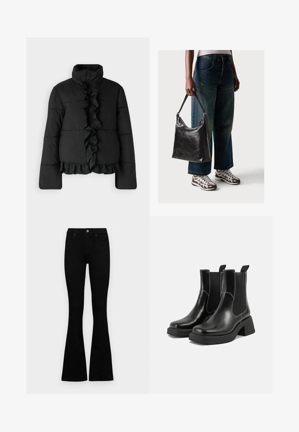 YAS YASMALINO JACKET - Zimska jakna - black; Črna bombažna majica s kratkimi rokavi, okroglo izrezom in kontrastnim belim šivom na manšetah rokavov. Gladka tekstura, sproščen kroj.; Črne visokotopne kavbojke z gumbom in zadrgo, sprednjimi žepi in razširjenimi hlačnicami, poleg bel background.; Črne usnjene Chelsea škornje s širokim petami, elastičnimi stranskimi ploščami in kontrastnim belim šivanjem. Teksturirana površina.; Črna usnjena torba za ramo z gladko teksturo in nastavljivim trakom, v kombinaciji z zbledelimi širokimi hlačami in športnimi supergami.