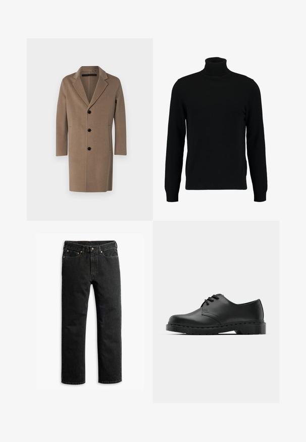 Svetlo rjav volnen plašč z doneseno klapo, enojnim zapenjanjem, ki ima štiri črne gumbe in stranska žepa. Gladka tekstura.; Črn pulover s turtleneck ovratnikom, izdelan iz mehkega pletenega materiala. Ima dolge rokave, rebrast ovratnik in rob. Preprost, eleganten dizajn brez vzorcev.; Črne straight-leg džins hlače z petimi žepi, zankami za pas in gumbom za zapiranje na pasu, položene ravno na belem ozadju.; Črne usnjene oksford čevlje z vezalkami, zaobljenim prstom, ravnim gumijastim podplatom in diskretnim šivanjem po zgornjem delu.