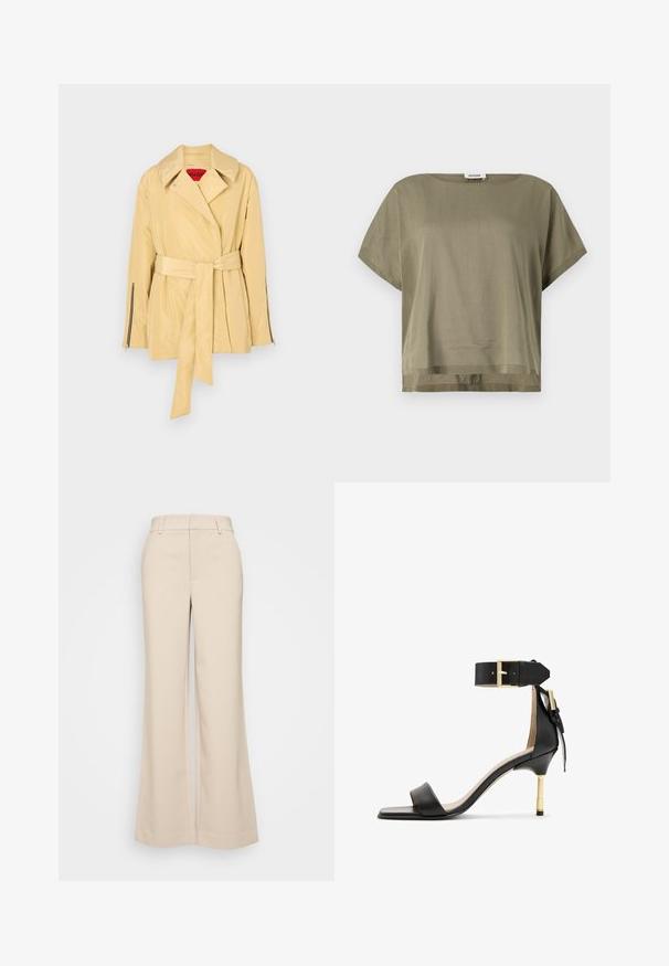 Jachetă galben deschis, cu cordon, guler lat, mâneci lungi și manșete cu fermoar. Fabricată dintr-un material neted și lucios.; Top verde măsliniu, cu mâneci scurte, realizat dintr-un material ușor, cu o croială lejeră și un tiv drept. Design minimalistic cu guler rotunjit.; Pantaloni bej cu croi larg, cu o textură netedă, având o talie înaltă și două buzunare frontale. Design curat cu o croială adaptată.; Sandal cu toc înalt din piele neagră, cu vârf pătrat, curea pentru glezna cu cataramă aurie și toc metalic subțire. Textură netedă, design minimalist.