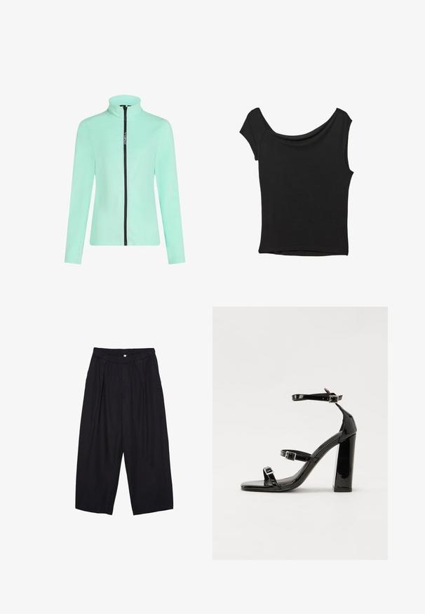 Mint green zip-up jacket with high collar, constructed from soft material. Features contrasting black zipper and side logo detail. Long sleeves.; Black short-sleeve top made of smooth fabric; features a draped neckline and an asymmetrical hemline, with a fitted body.; Black polyester culotte pants with an elastic waistband, two front pleats, and a loose silhouette. No visible patterns or hardware details.; Black patent heeled sandals with a square toe, ankle straps, and silver buckles. Features a chunky block heel for stability.
