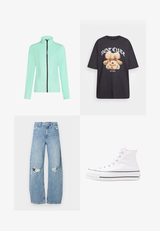 Jaka mint zelene barve z zadrgo, visoko ovratnikom, izdelana iz mehkega materiala. Ima kontrastno črno zadrgo in stranski logotip. Dolgi rokavi.; Črna oversized majica s kratkimi rokavi, na kateri je grafika medveda z besedilom „NI SRČKAN VKLJUČNO Z DIVJIM“ v poudarjenem belem tisku. Material: bombaž.; Svijetloplave traperice visoki struk. Imaju široke nogavice, dva poderana područja na koljenima i klasičan petotoksi stil.; Beli visoki platneni športni čevelj z črnim gumijastim podplatom, sprednjim gumijastim zaščitnikom za prste in šestimi luknjicami za vezalke, ki se ponaša s preprostim, minimalističnim dizajnom.