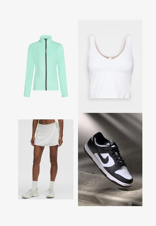 Mintgrüner Zip-Jacke mit hohem Kragen, aus weichem Material gefertigt. Verfügt über einen kontrastierenden schwarzen Reißverschluss und ein seitliches Logodetail. Lange Ärmel.; Weißes Crop-Top mit einem runden Ausschnitt und breiten Schulterträgern. Hergestellt aus glattem, elastischem Stoff mit einem beigen Futterakzent am Ausschnitt.; Weißer sportlicher Skort mit Wickeldesign, aus glattem Stoff gefertigt. Beinhaltet eine Schleife an der Seite und wird mit hellen Sneakers und Socken kombiniert.; Schwarz-weißer Nike Dunk Low Sneaker mit Lederobermaterial, perforiertem Zehenbereich und schwarzen Schnürsenkeln, ausgestattet mit einer weißen Sohle und Logo-Akzenten.