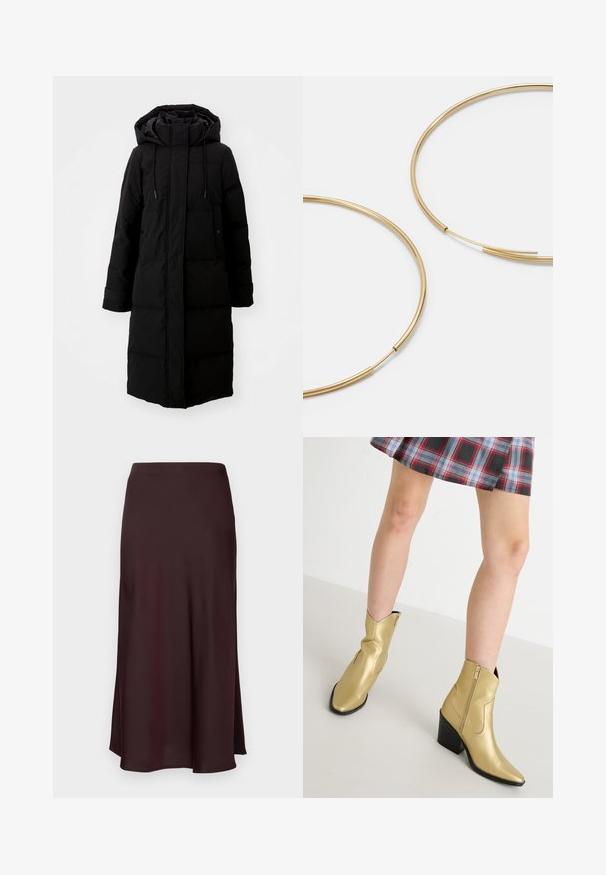 Mustikka pehmeä takki, jossa on pitkä muotoilu, täysipitkä vetoketju ja huppu. Varustettu säädettävillä naruilla ja kahdella etutaskulla. Sileä rakenne.; Mustapaita, jossa on poron kuviointi, kultaisista paljeteista tehdyt sarvet, vaaleanpunaiset korvat, punainen pom-pom-nenä sekä vihreät ja punaiset helmiripustukset.; Burgundy satiini midi-hame, jossa on sileä pinta, suora leikkaus ja hieman levenevä helma. Ei näkyviä kuvioita tai varusteita.; Kultaiset nilkkurit, joissa on kapeneva kärkiosa ja musta korko. Valmistettu kiiltävästä, sileästä materiaalista, joissa on sivuvetoketju ja ommellut yksityiskohdat.; Kultaiset rengaskorvakorut, ohuet ja pyöreät, joissa on sileä metallipinta ilman koristeluja tai kuvioita.