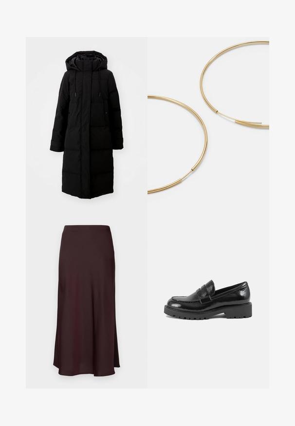 Juodas pūkuotas paltas su ilgu dizainu, pilnu užtrauktuku ir gobtuvu. Yra reguliuojami raišteliai ir dvi priekinės kišenės. Lygus paviršius.; Juodas megztinis su elnio piešiniu, auksinėmis blizgučiais išsiuvinėtomis ragais, rožinėmis ausų detalėmis, raudonu pom-pomu nosimi ir žaliomis bei raudonomis karoliukų akcentais.; Bordo satino midi sijonas su lygiu paviršiumi, tiesiu siluetu ir šiek tiek platėjančiu apmušalu. Nėra matomų raštų ar detalių.; Juodas lakinės odos loaferis su struktūrizuotu pirštu, dekoratyvine juostele per viršutinę dalį ir storu, tvirtu padu. Lygi, blizgi apdaila.; Aukso spalvos žiedo auskarai, ploni ir apvalūs, su lygiu metaliniu paviršiumi be papuošimų ar raštų.