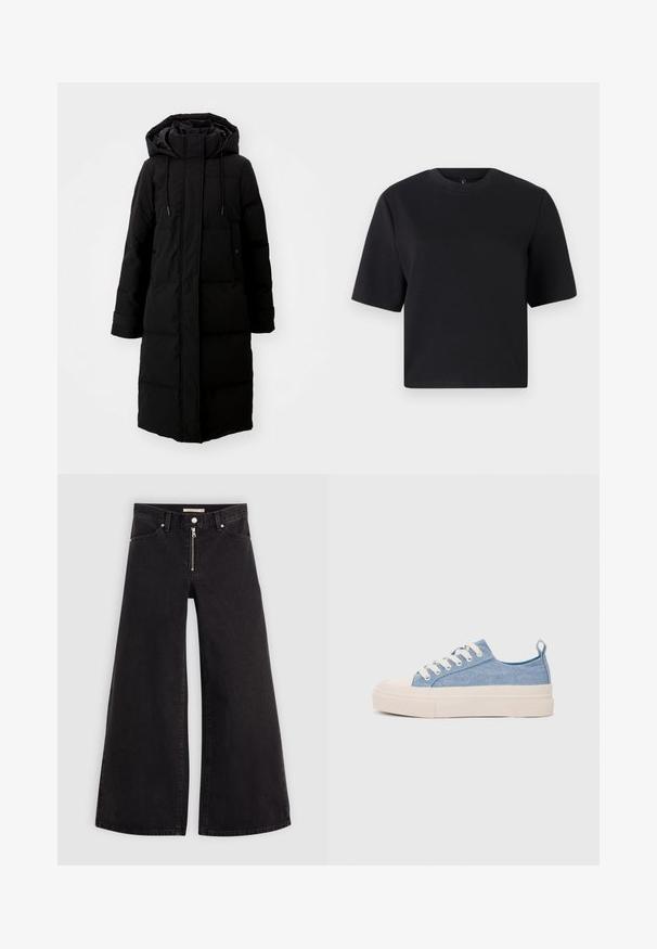 Crni kaput s paddingom, dugog kroja, s punim zatvaračem i kapuljačom. Ima podesive vezice i dva prednja džepa. Glatka tekstura.; Crna majica s kratkim rukavima, okrugli izrez, izrađena od glatke pamučne tkanine; ležeran kroj, minimalni dizajn, bez vidljivih uzoraka ili akcenata.; Široke traperice od crnog denima s prednjim zatvaračem, dizajnom s pet džepova i suptilnim detaljima šivanja. Glatka tekstura i ležeran stil.; Svijetloplave platnene tenisice s kremastim gumenim vrhom i potplatom, koje imaju bijele vezice i petnu traku.