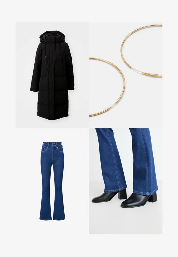 Crni kaput s paddingom, dugog kroja, s punim zatvaračem i kapuljačom. Ima podesive vezice i dva prednja džepa. Glatka tekstura.; Lime zelena dugha majica s dugim rukavima i okruglim dekolteom s asimetričnim rubom. Lagani, rebrasti materijal s dekorativnim šavovima.; Traperice s visokim strukom i raširenim nogavicama u tamnoplavom denimu. Imaju zatvaranje na dvije gumbe, prednje džepove i suptilne šavove duž šavova.; Crne kožne čizme do gležnja sa square prstom i blok petom, uparenih s plavim trapericama s lepršavim nogavicama i kontrastnim šavovima na rubu.; Zlatne kružne naušnice, tanke i okrugle, s glatkom metalnom površinom bez ukrasa ili uzoraka.