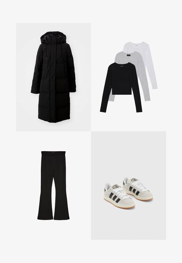Zwarte gewatteerde jas met een lange snit, volledig rits en een capuchon. Voorzien van verstelbare trekkoorden en twee voorzakken. Lichte structuur.; Drie langmouwige tops gestapeld: zwart, grijs en wit. Elke top heeft een ronde halslijn en een cropped ontwerp van soepel, lichtgewicht materiaal.; Zwarte flare leggings gemaakt van rekbaar materiaal. Beschikt over een brede tailleband en een zachte textuur, met een getailleerd silhouet dat uitloopt bij de zoom.; Grijze nubucklederen sneakers met witte veters, zwarte strepen en een witte rubberen zool. Bevat een rond logo op de tong en een gumzool.