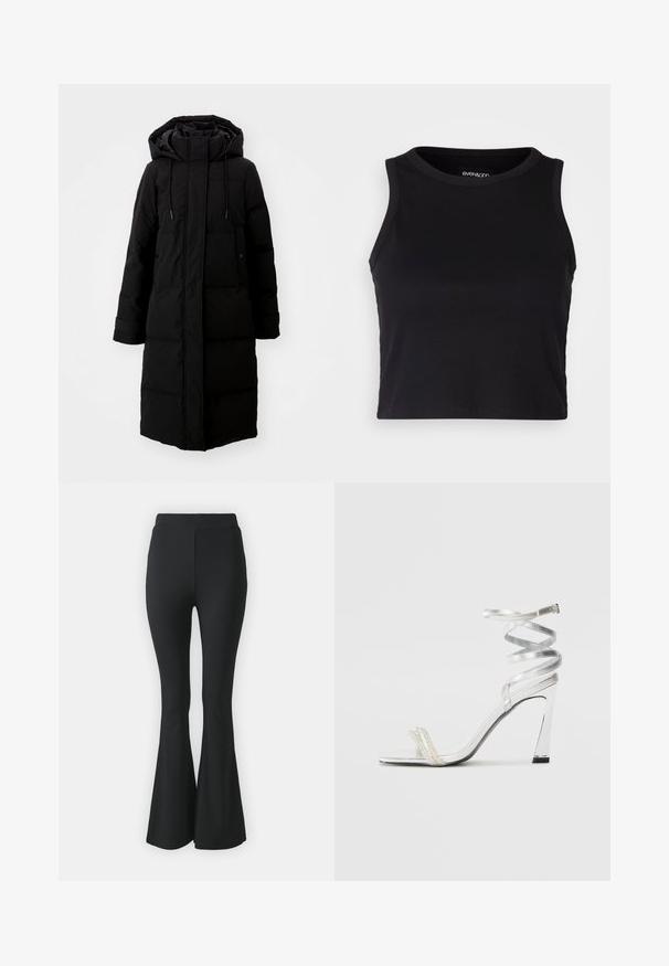 Svart polstret jakke med lang design, hel glidelås og hette. Har justerbare snorer og to frontlommer. Glatt tekstur.; Svart ribbet crop tank top med rund halslinning og ermeless design. Laget av myk, elastisk stoff med rene, kantede kanter.; Svarte vide bukser laget av elastisk stoff. Har høy midje og en glatt, tettsittende design som vidder ut fra kneet og nedover.; Sølv høyhælte sandaler med et glitrende stroppdesign, som har en perle-lignende akcent og en spiralformet ankelstropp for sikker passform.