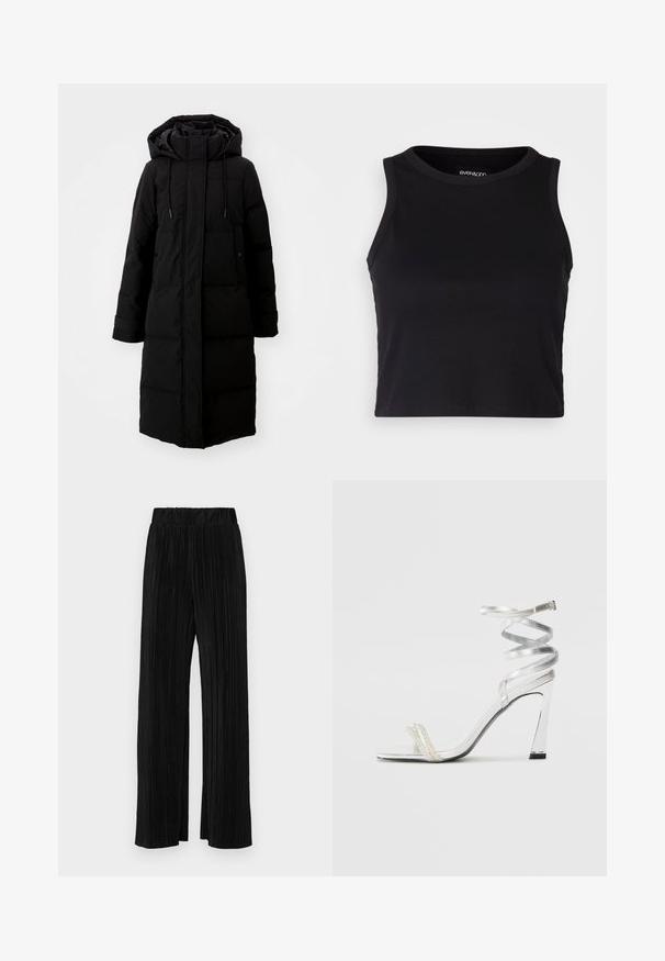 Mustettu musta mantel, millel on pikk disain, täispikk tõmblukk ja kapuuts. Varustatud reguleeritavate tõmblukkudega ja kahe ees oleva taskuga. Sile tekstuur.; Mustard ribaga lõhikuga crop top, millel on ümar kaelus ja ilma varrukateta disain. Valmistatud pehmest ja venivast kangast, millel on puhtad äärised.; Mustad pleekitud püksid elastse vöökohtaga. Omavad laiad jalad ja sujuvat, tekstureeritud kangast vertikaalsete triipudega.; Hõbedased kõrge kontsaga sandaalid läikiva rihma disainiga, millel on pärlilaadne aktsent ja keerduv pahkluu rihm turvaliseks sobivuseks.