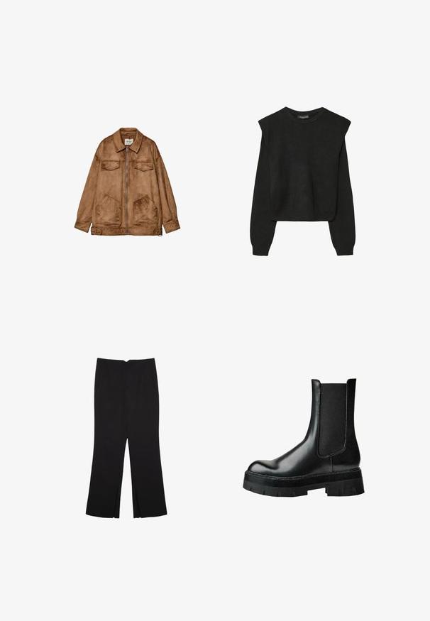 Brun mockaskinnjacka med dragkedja fram, två bröstfickor och två större nedre fickor. Har en klassisk krage och avslappnad passform.; Svart långärmad stickad tröja med vadderade axlar och ribbade muddar och fåll, visad mot en vit bakgrund.; Svarta byxor med rak passform, utrustade med framfickor och sidoklyvningar vid fållen. Tillverkade av mjukt, slätt tyg. Lämpliga för olika tillfällen.; Svart läderstövel till fotleden med elastisk sidopanel, rund tå, tjock platåsula och texturerad ovandel för bättre grepp.