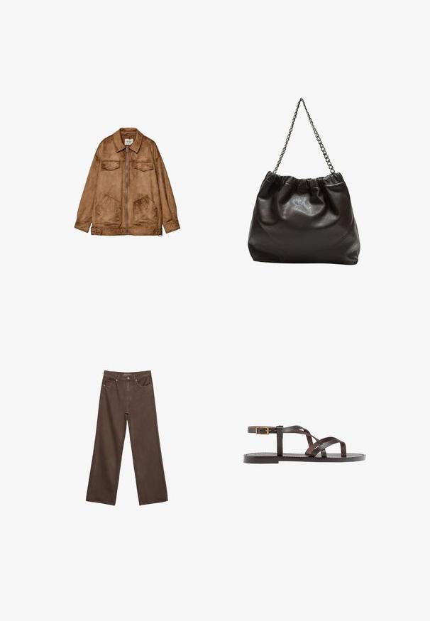 Brązowa zamszowa kurtka z zamkiem z przodu, dwoma kieszeniami na piersi i dwoma większymi dolnymi kieszeniami. Ma klasyczny kołnierzyk i luźny krój.; Ciemnobrązowy sweter dzianinowy z okrągłym dekoltem, opuszczonymi ramionami, ściągaczami przy mankietach i u dołu, o miękkiej teksturze i luźnym kroju.; Szerokie brązowe dżinsy wykonane z denimu, z wysokim stanem, przednimi kieszeniami i klasycznym zapięciem na guzik. Gładka faktura z subtelnym przeszyciem.; Brązowe skórzane sandały z krzyżującymi się paskami, zapięciem na klamrę przy kostce oraz płaską podeszwą z minimalnymi detalami szycia.; Brązowa skórzana torba z marszczonym szczytem i łańcuszkowym paskiem. Gładka tekstura z błyszczącym wykończeniem i subtelnymi detalami szwów po bokach.