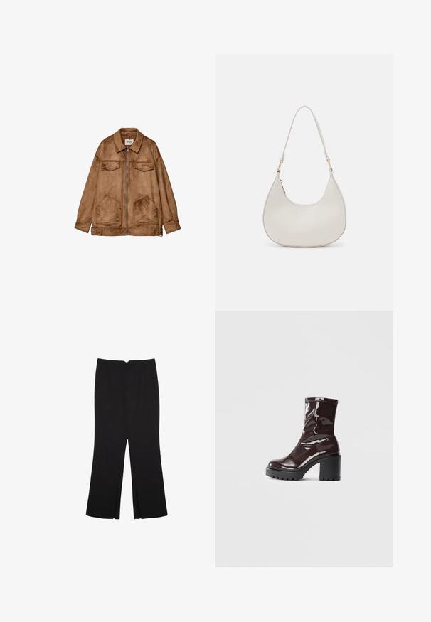 Giacca in camoscio marrone con zip frontale, due tasche sul petto e due tasche inferiori più grandi. Presenta un colletto classico e una vestibilità comoda.; Top nero a maniche corte realizzato in tessuto liscio; presenta un colletto drappeggiato e un orlo asimmetrico, con una vestibilità aderente.; Pantaloni neri a gamba dritta, con tasche frontali e spacchi laterali all'orlo. Realizzati in tessuto morbido e liscio. Adatti a diverse occasioni.; Stivale alla caviglia bordeaux lucido con un tacco spesso nero, caratterizzato da una superficie liscia e un design semplice. Nessuna chiusura visibile o motivo.; Borsa a spalla in pelle crema con forma a mezzaluna, strap sottile e dettagli di cucitura delicati. Design minimalista con accenti in metallo dorato.