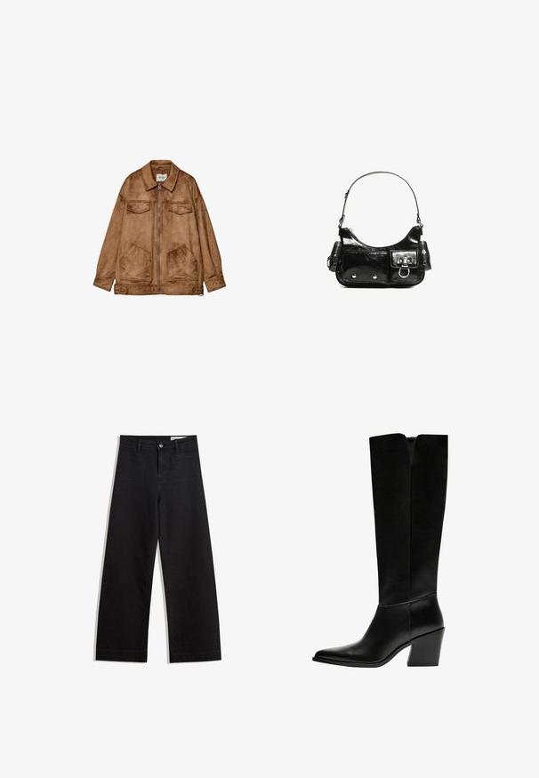 Smeđi zamak jakna s patentnim zatvaračem sprijeda, dva džepa na prsima i dva veća donja džepa. Ima klasičan ovratnik i opušteni kroj.; Krem-pigmentirana, majica s kratkim rukavima napravljena od mekog materijala. Ima klasičan okrugli izrez i opušteni kroj, bez uočljivih uzoraka ili akcenta.; Crne široke traperice s visokim strukom, s prednjim i stražnjim džepovima, šivenim šavovima i kopčanjem na gumb. Glatka tekstura.; Crne čizme do koljena napravljene od glatke kože, s šiljastim vrhom, blok petom i V-oblika izrezom na vrhu.; Crna patentna kožna torba s zakrivljenim oblikom, jednim remenom za rame, prednjim džepovima i akcentima od srebrnog tona.