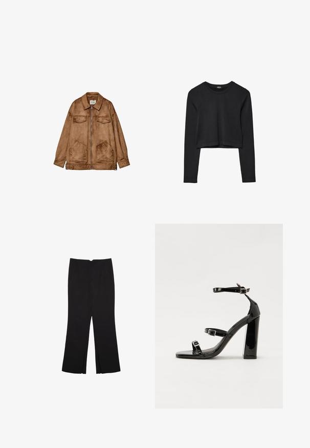 Braune Wildlederjacke mit Reißverschluss, zwei Brusttaschen und zwei größeren aufgesetzten Taschen. Hat einen klassischen Kragen und einen lässigen Schnitt.; Schwarzes, langärmliges, kurz geschnittenes Oberteil mit Rundhalsausschnitt, schlichter Gestaltung und leicht abgerundetem Saum.; Schwarze Hose mit geradem Schnitt, ausgestattet mit Fronttaschen und Seitenschlitzen am Saum. Hergestellt aus weichem, glattem Stoff. Geeignet für verschiedene Anlässe.; Schwarze patentierte Sandalen mit Absatz, quadratischer Spitze, Knöchelriemen und silbernen Schnallen. Mit einem stabilen Blockabsatz für mehr Stabilität.