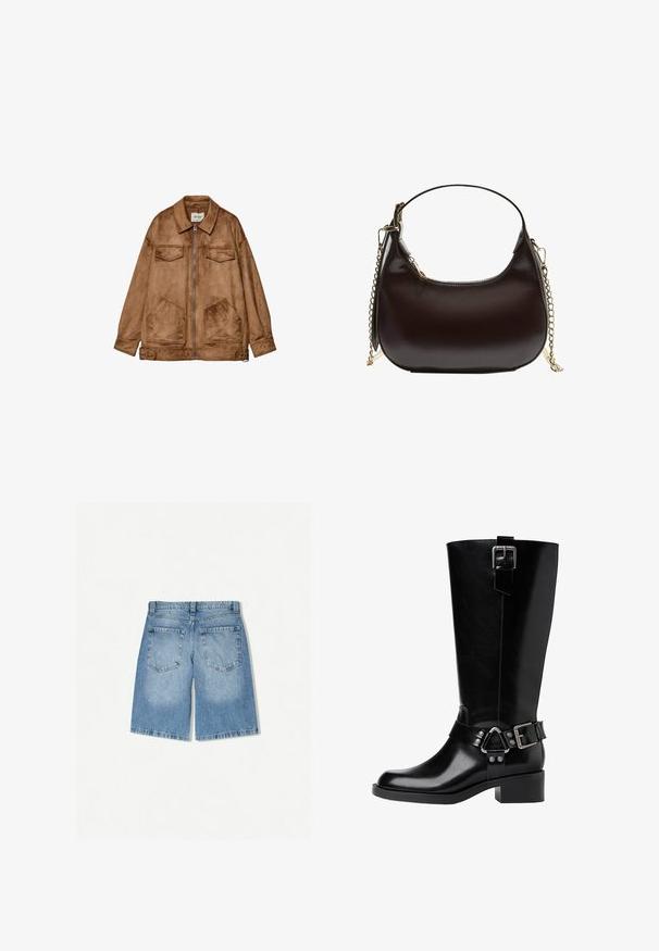 Ruskea mokkapintainen takki, jossa on vetoketjusuljenta, kaksi rintataskua ja kaksi suurempaa alataaskua. Ominaisuuksiin kuuluu klassinen kaulukse ja rento istuvuus.; Mustavalkoraidallinen lyhyempi toppi, ribbauskankaita, lyhyet hihat scallop-reunoilla, pyöreä kaula-aukko, rento istuvuus.; Vaalean siniset farkkushortsit, joissa on rento malli. Varustettu kahdella takataskulla ja suoralla lahjemuotoilulla. Sujuva rakenne vähäisellä haalistumisella.; Musta nahkasaapas, joka ulottuu polven ylle, pyöreällä kärjellä, paksulla korolla, säädettävällä hihnalla varustettuna, jossa on metalliset yksityiskohdat, sekä kiiltävällä pinnalla.; Mustassa nahkaisessa olkalaukussa on kaareva siluetti, joka sisältää kullanvärisen ketjuhihnan ja sileän, kiiltävän pinnan.